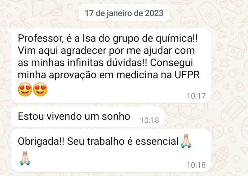 Aluna agradece e conta que foi aprovada em medicina na UFPR