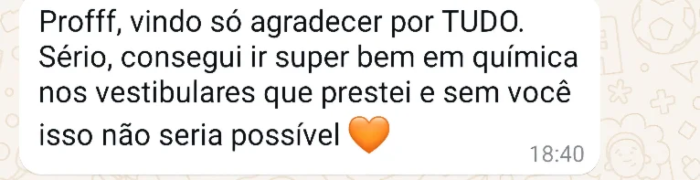 Aluna agradece e diz que foi super bem em química nos vestibulares